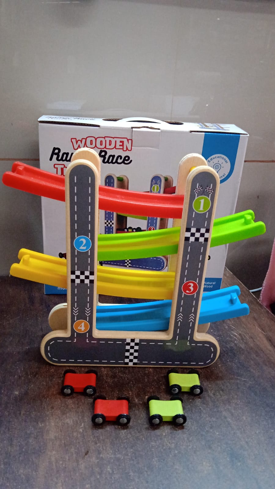 Car Racer Track Play set Wooden Click Clack Toys With 4 Mini Racers (1 Set) Car Racer Track Play set Wooden Click Clack Toys With 4 Mini Racers (1 Set)
